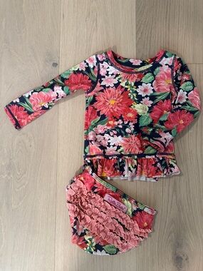 Ruffle Butts Floral Ruffle Swim Set in Navy and Coral